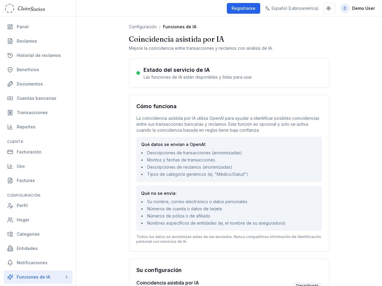 Configuración de funciones de IA en ClaimStation